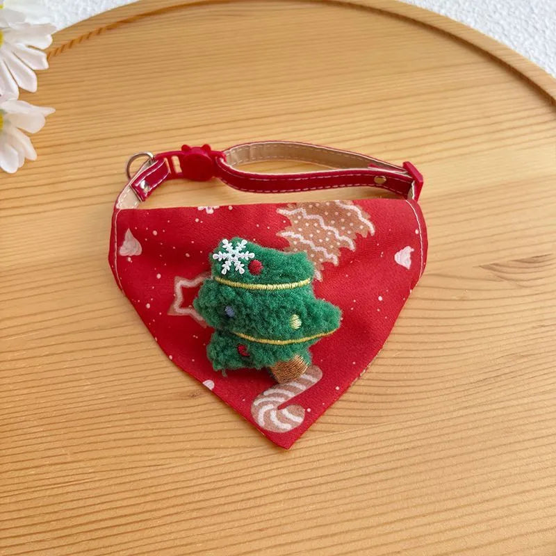 Red Christmas pet handkerchief scarf with Santa Claus and Christmas tree appliques, adjustable collar fit 9.06-15.75 inches.