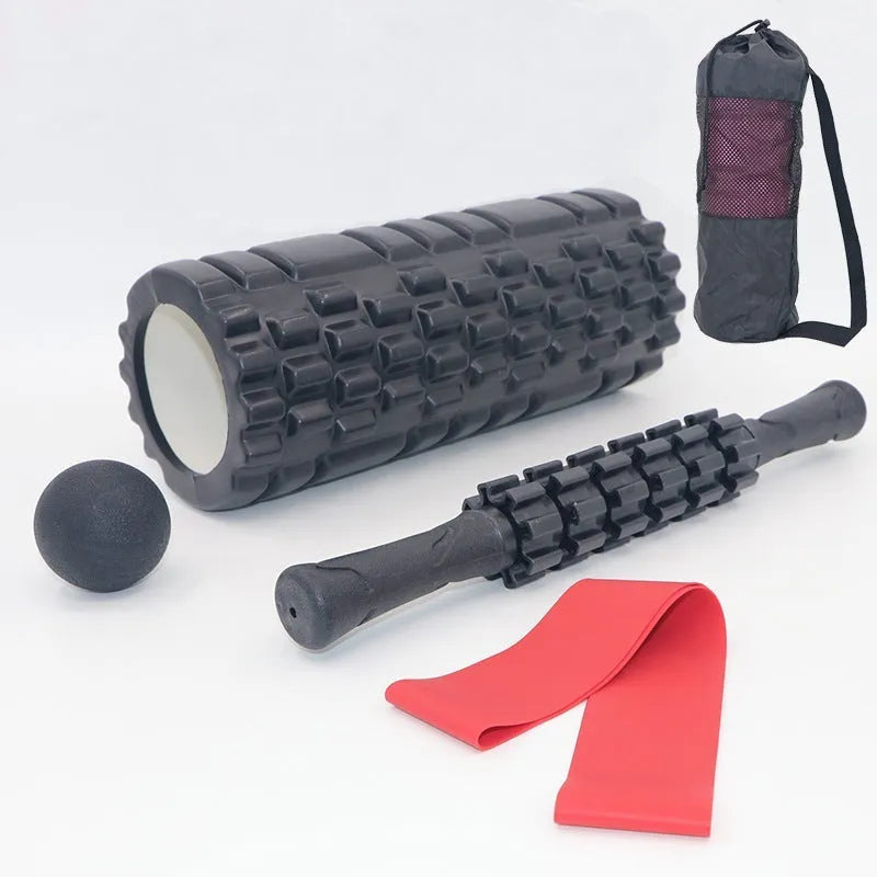 Black handheld foam massage roller stick with six gear pieces, 33cm long