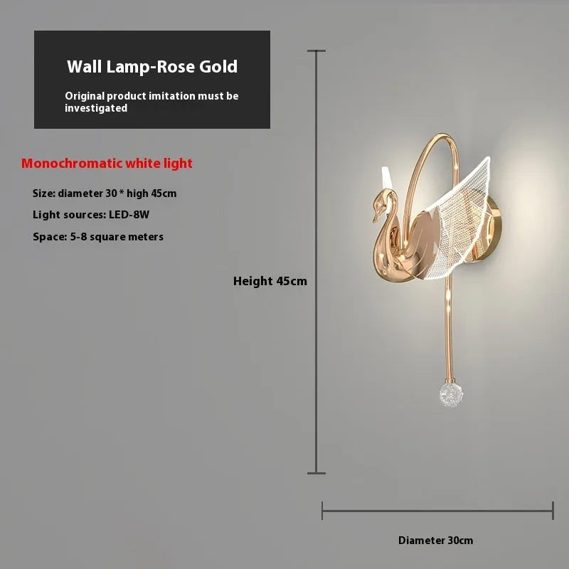 Modern minimalist gold swan wall lamp with acrylic shade showing tricolour LED light options for bedroom bedside use