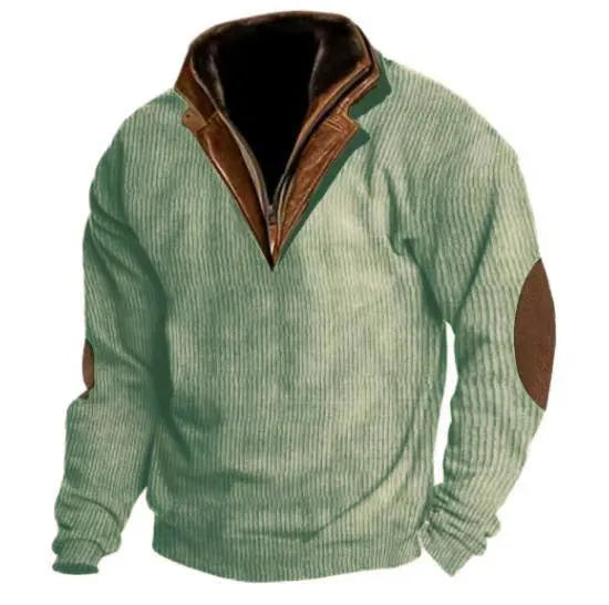 Men's stand collar pullover sweater in beige and army green, polyester fibre, long sleeve, loose fit