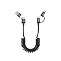 Two Fast Charge car spring wire data cable in black with Lightning and Type-C connectors