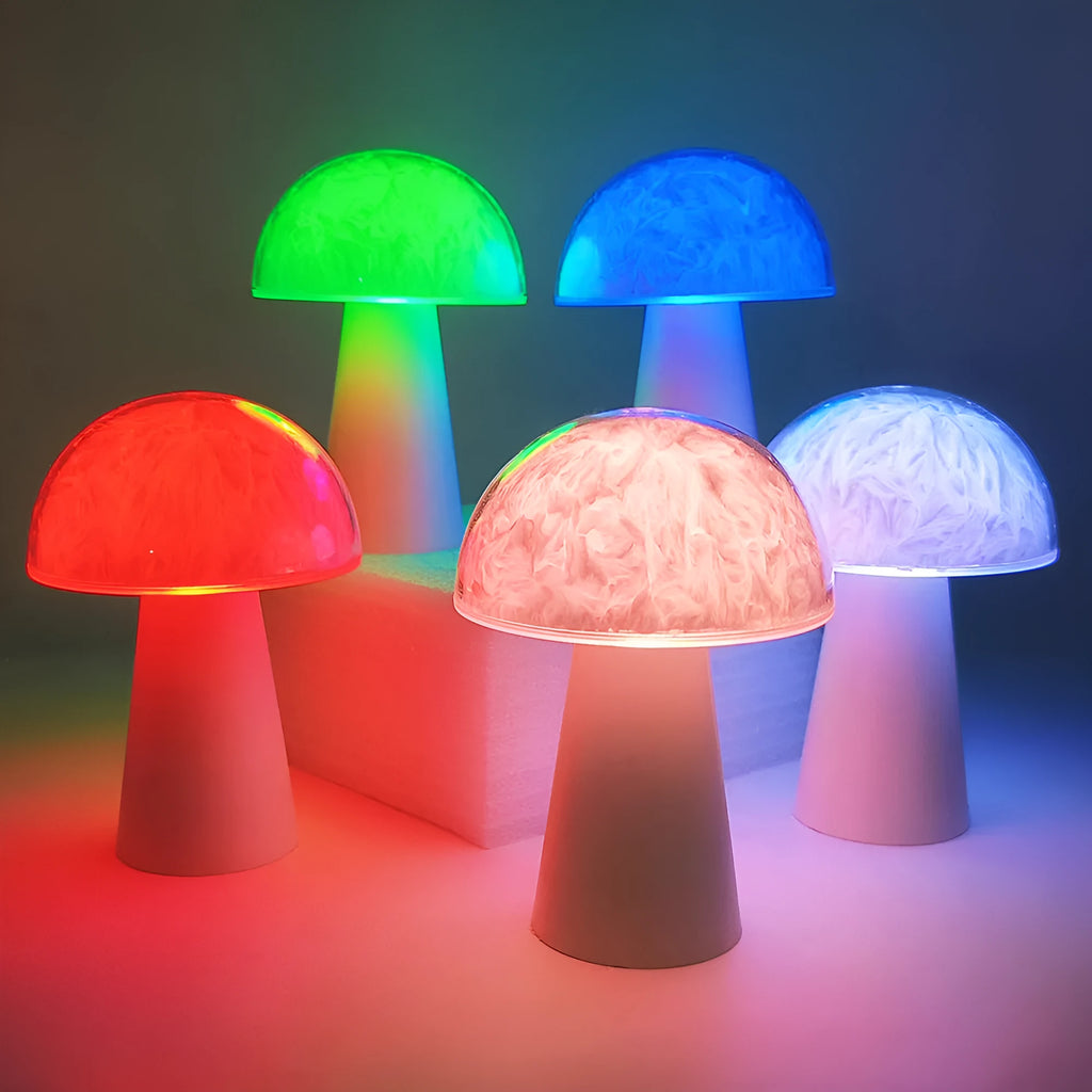 Mushroom-shaped RGB night light with remote control on wooden surface