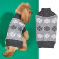 Grey and brown snowflake pattern dog Christmas sweater on pet model showing acrylic knitted construction