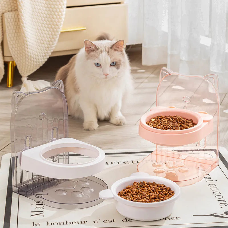 Grey adjustable cat feeding bowl with removable anti-spill ears and hanging cage