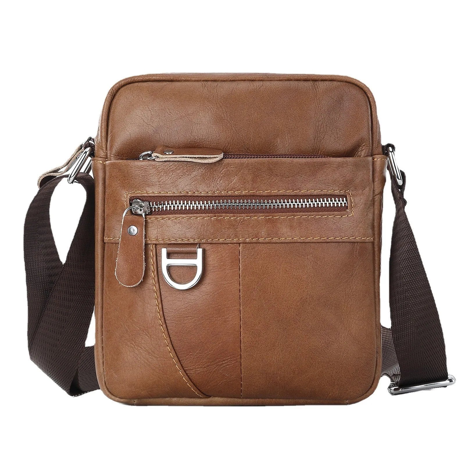 Black leather messenger bag for boys with 8-inch size and visible stitching