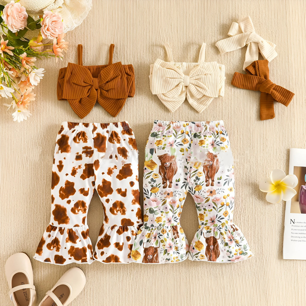 Girls three-piece cotton outfit set with bow suspender top, trousers and hairband in beige or light brown