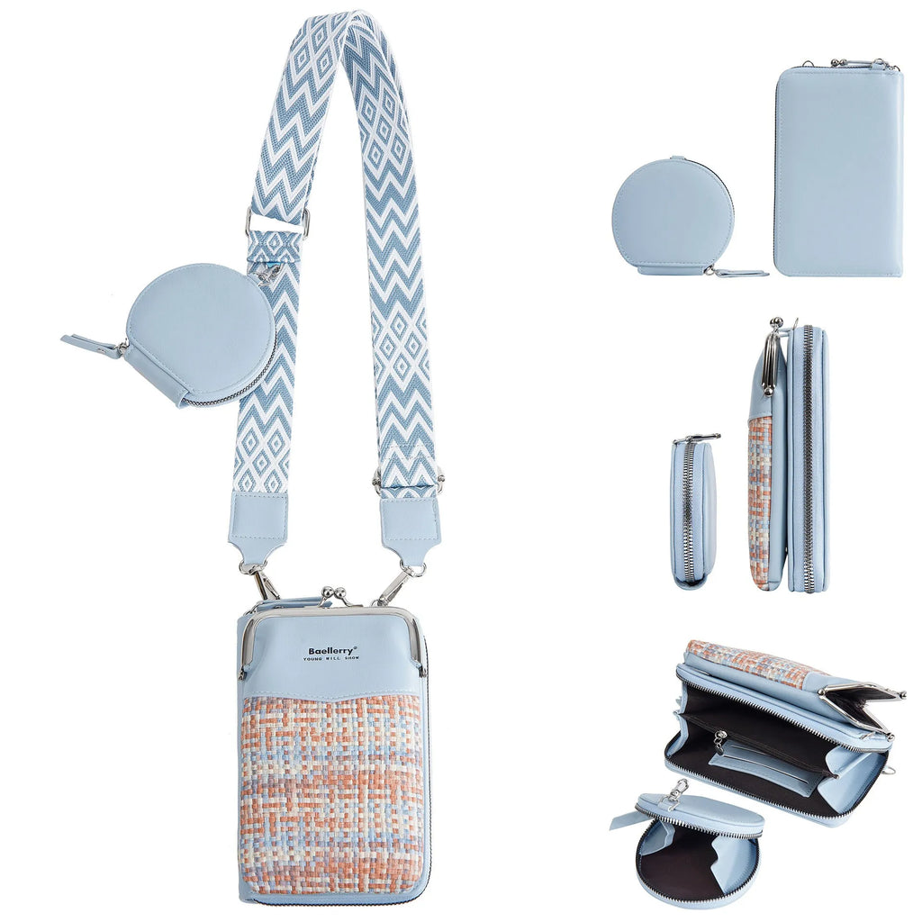 Women's square mini crossbody phone satchel in apricot colour showing front view and adjustable strap.