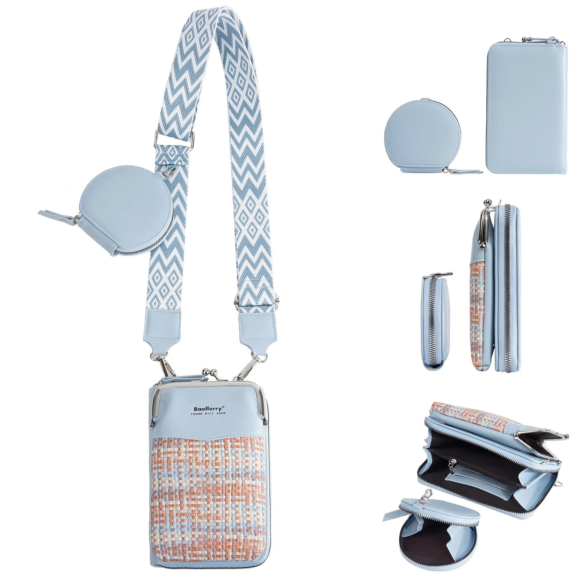 Women's square mini crossbody phone satchel in apricot colour showing front view and adjustable strap.