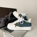 Retro low-top sports and casual shoes for men and women, synthetic leather upper, TPR sole, stitching details, white blue and white green colours, sizes 36-44.