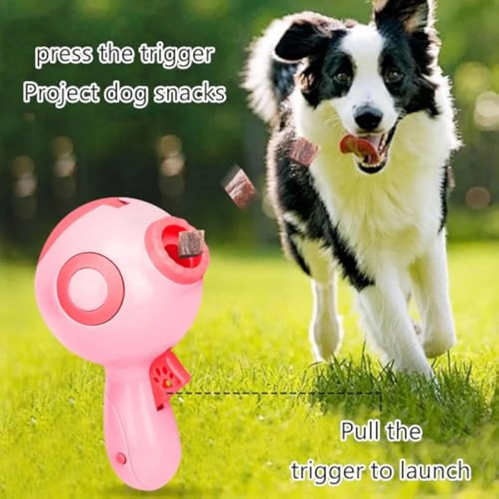 Green dog treat launcher toy for remote feeding and training with plastic construction