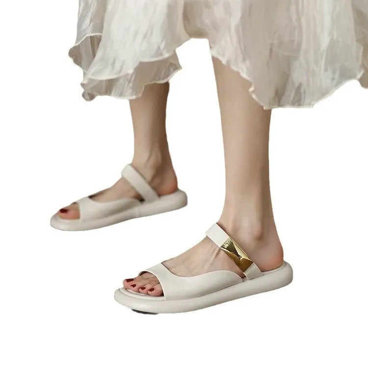 Women's peep toe platform sandals in apricot and white with soft leather upper and rubber sole for casual outdoor wear