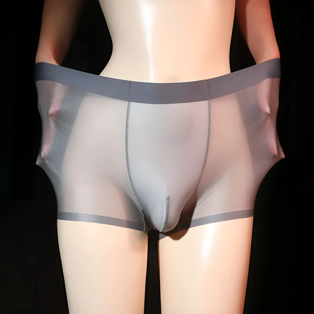 Men's ultra-thin transparent ice silk boxer shorts in nylon fabric showing light grey colour option