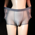 Men's ultra-thin transparent ice silk boxer shorts in nylon fabric showing light grey colour option