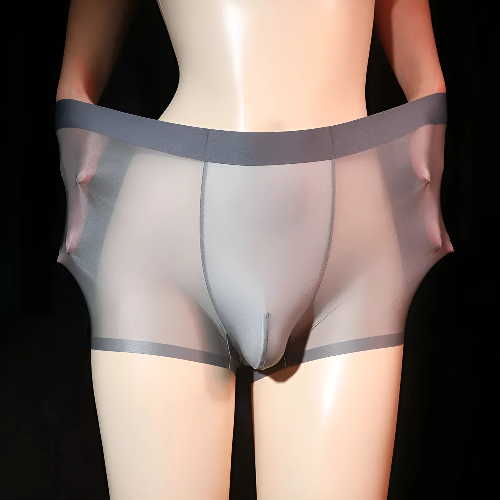 Men's ultra-thin transparent ice silk boxer shorts in nylon fabric showing light grey colour option