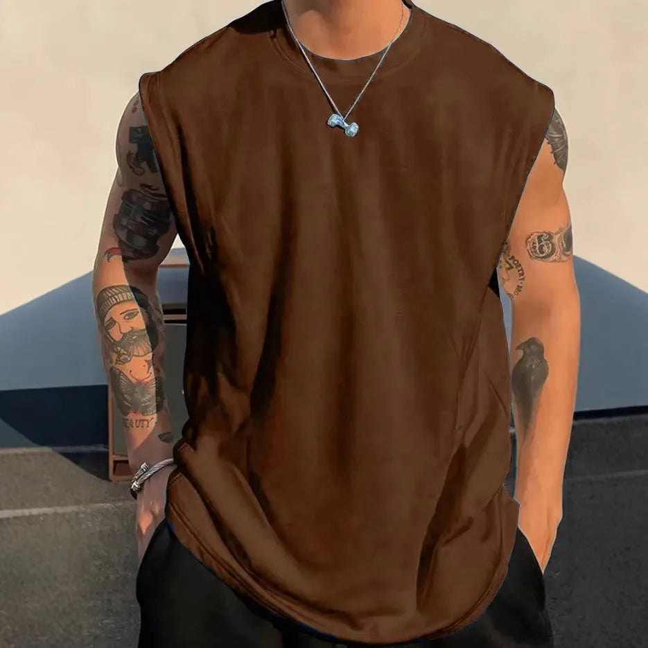 Men's loose solid colour cotton pullover tank top on a hanger, showing sleeveless design.