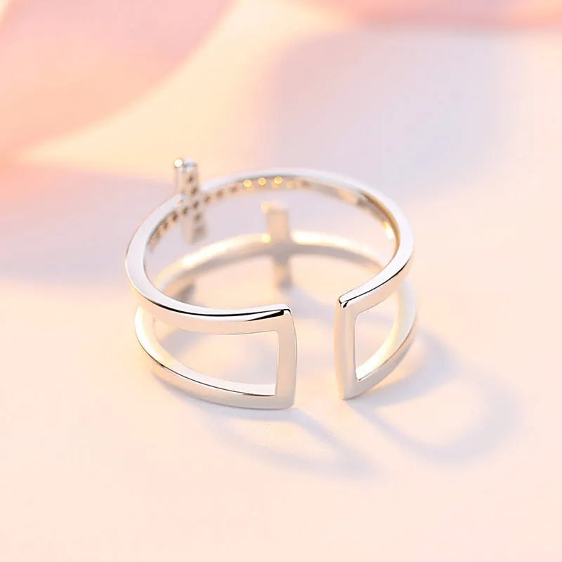 Double cross miniature copper ring with zircon inlay and adjustable open band, gold finish