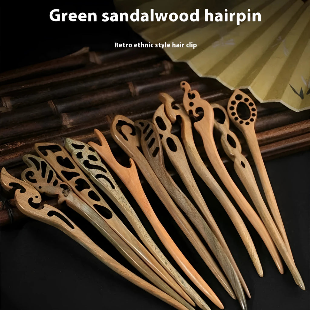 Green sandalwood hairpin antique hair clasp 18cm wooden ethnic style with double pointed toe design