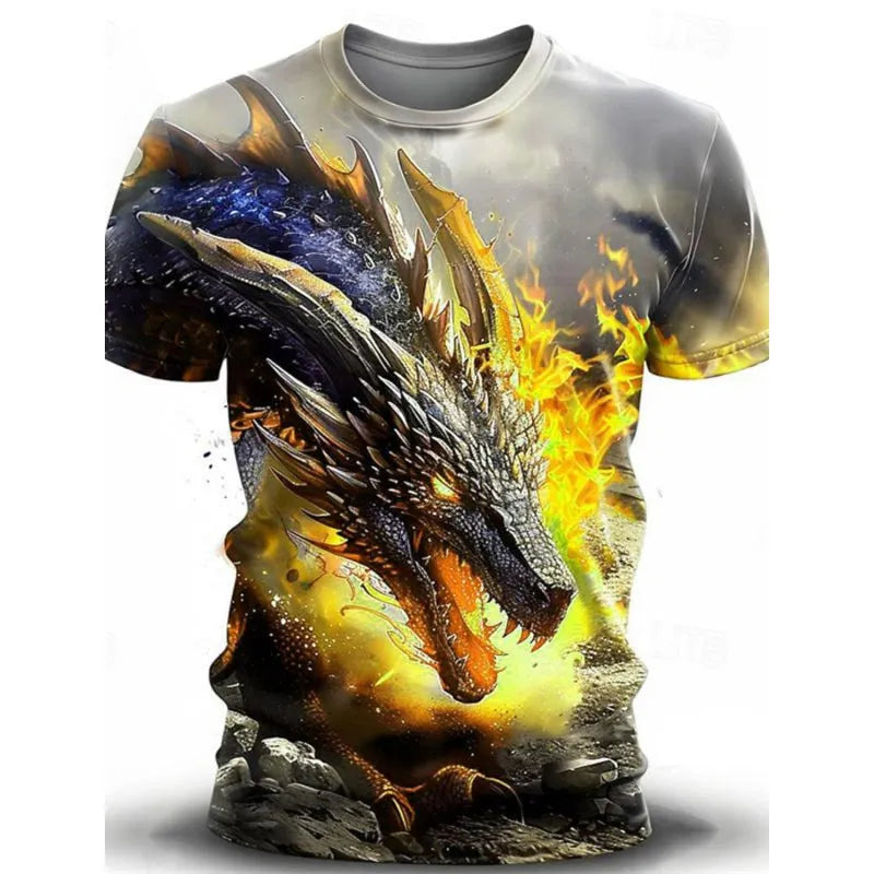 Men's black short-sleeved T-shirt with a large, detailed 3D wind dragon graphic print on the front.