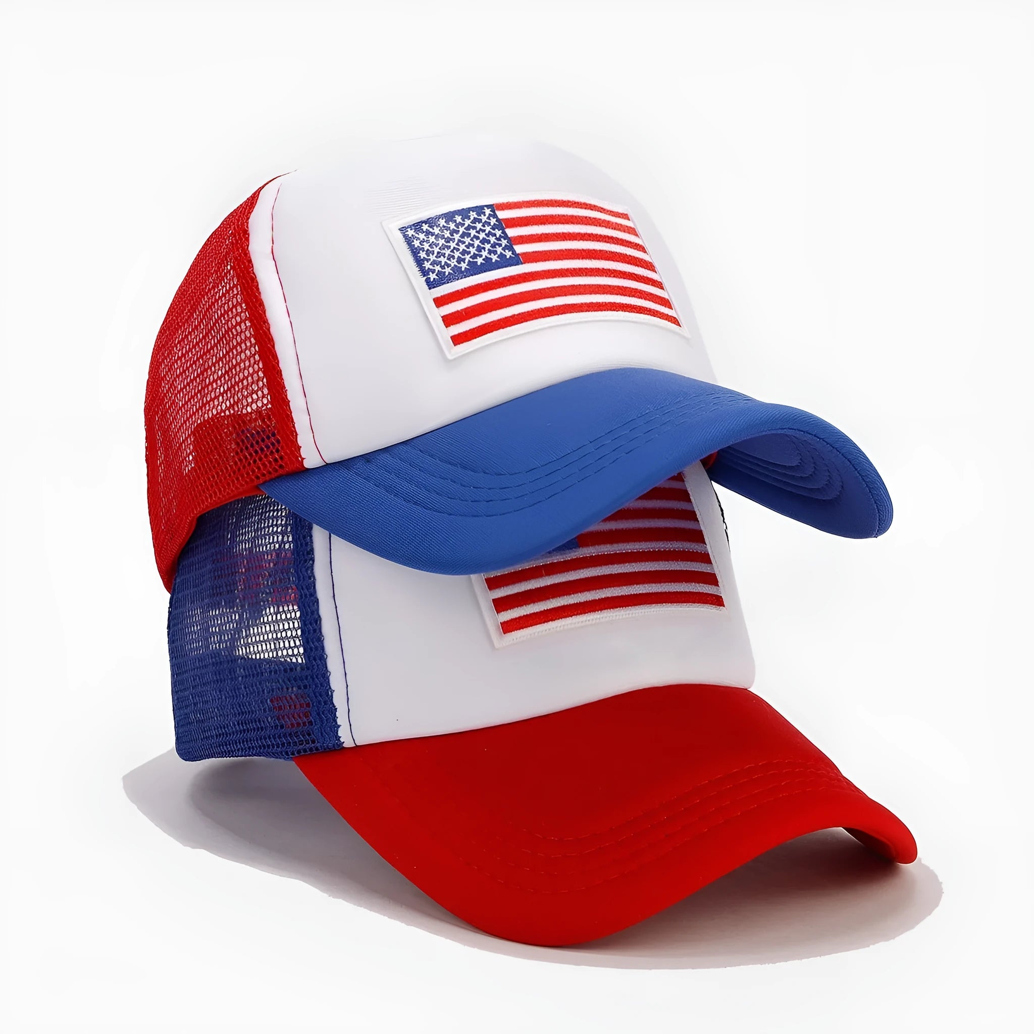 Red and blue colour block mesh baseball cap with adjustable strap on a dome crown.