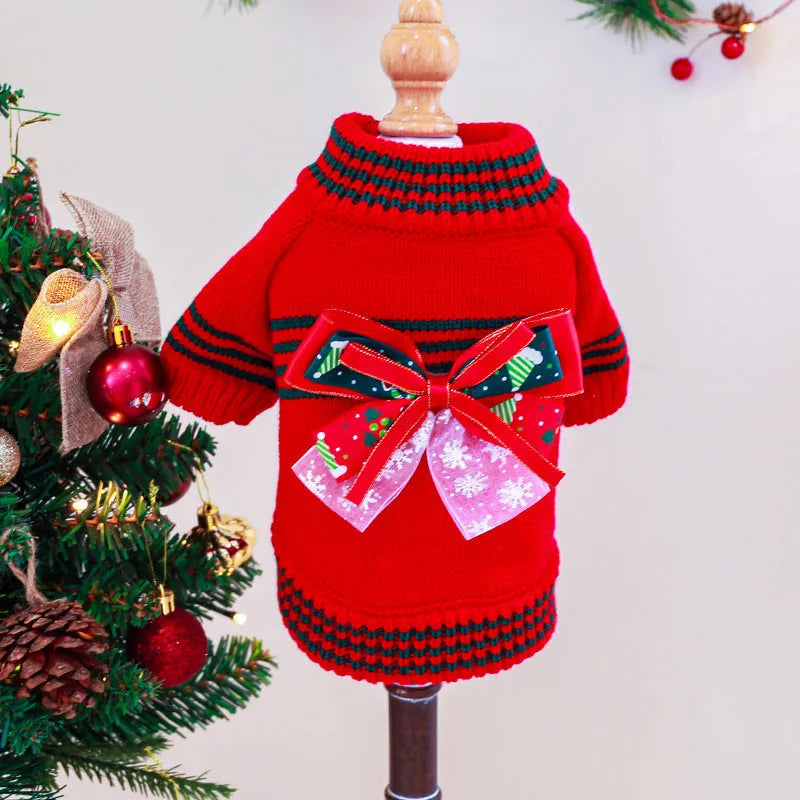 Red polyester knitted Christmas jumper for a dog, showing a simple pullover design.
