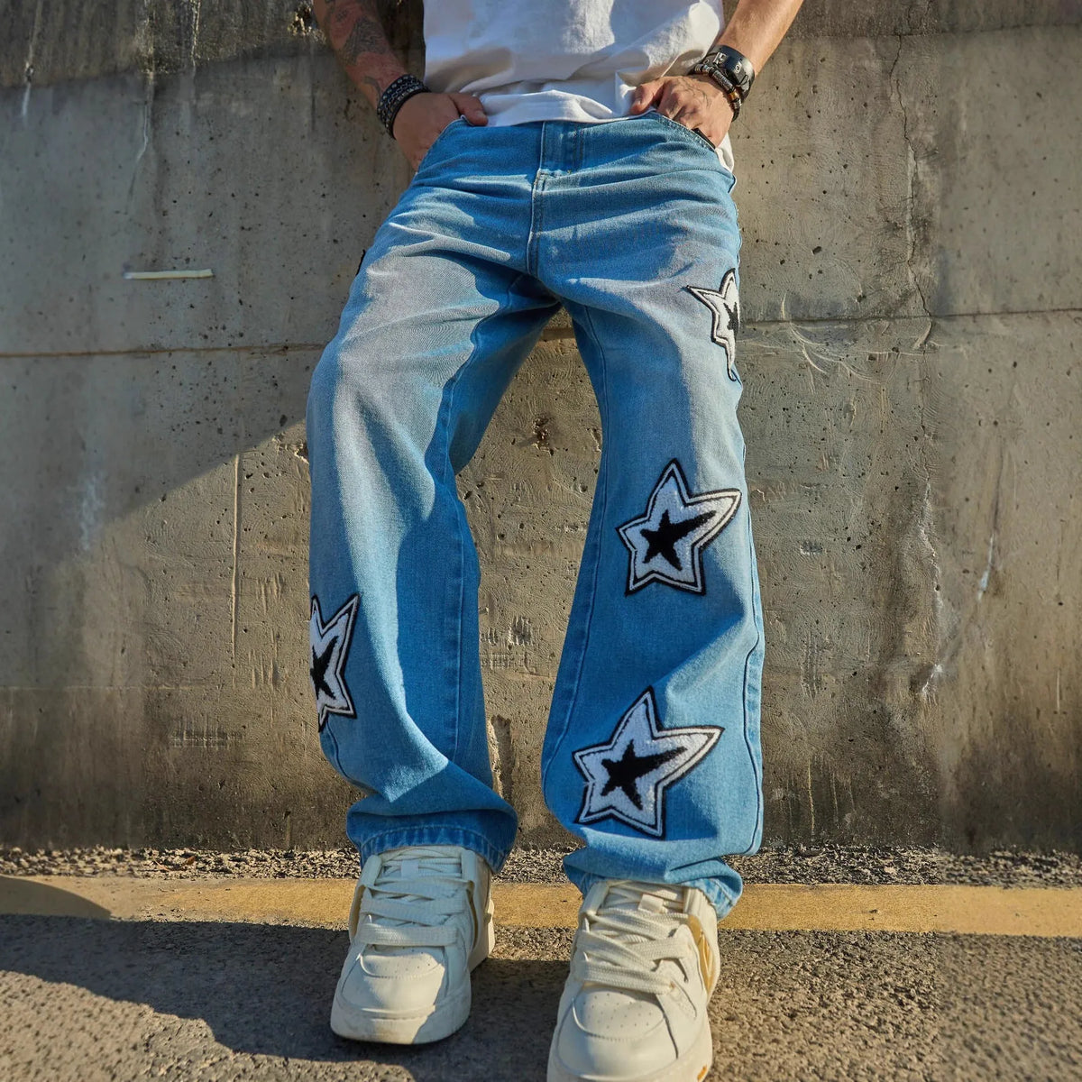 Men's loose straight casual cotton denim jeans in washed blue, mid waist with zip fly, sizes XS-XXL