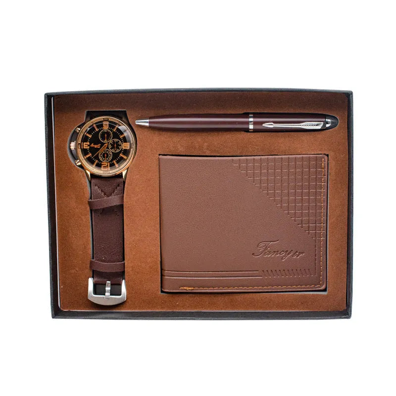 Brown and black 4-piece gift set containing wallet, pen, watch in modern style gift box