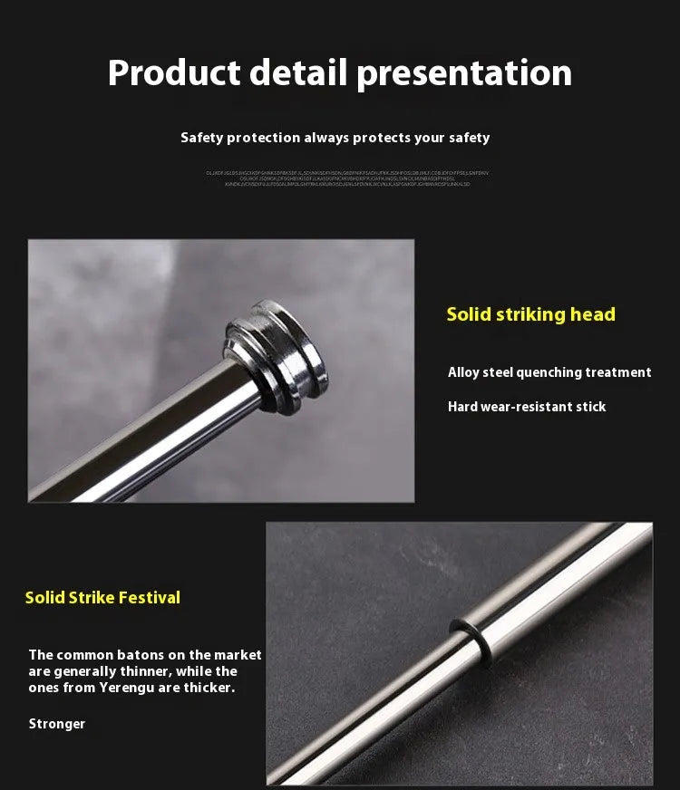 Titanium black automatic spring expandable baton in three sizes: 16-inch, 21-inch, and 26-inch lengths.