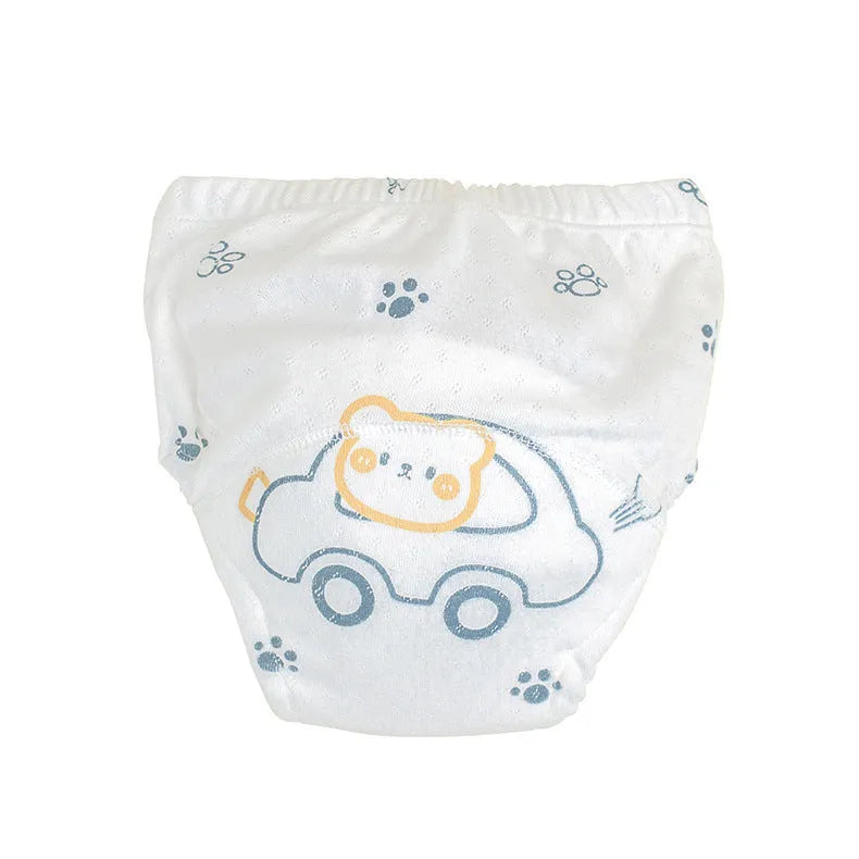 Reusable pure cotton cloth diaper with waterproof layer in bear and strawberry rabbit prints, sizes 90 to 110