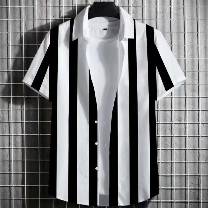 Men's linen blend short sleeve t-shirt with a colourful 3D striped print, shown in a solid colour.