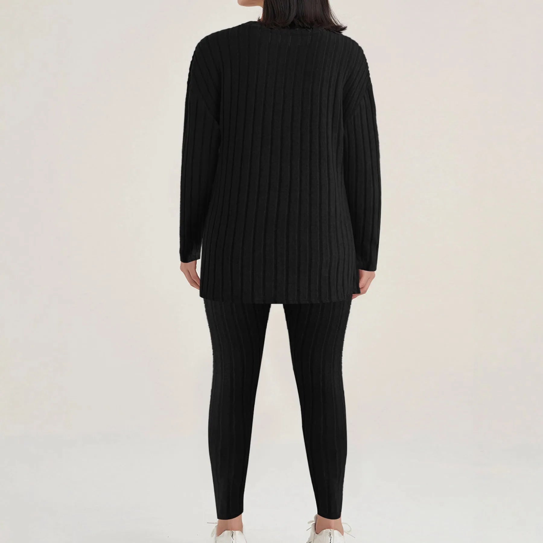 Women's black sunken stripe polyester two-piece homewear set with pants and regular sleeve top