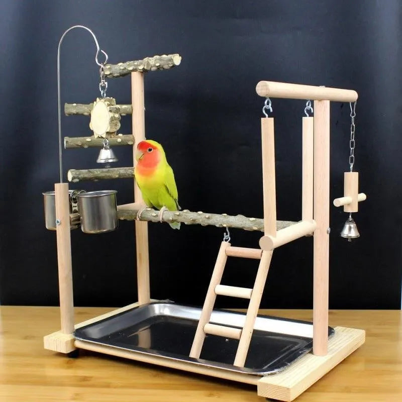 Natural Pepper Wood parrot toy bundle with two flat perching stands and a vertical climbing pole for cage.