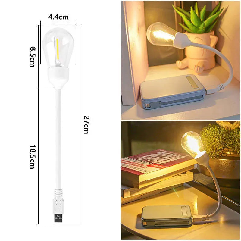 USB rechargeable folding night light with warm tungsten bulb illuminated.