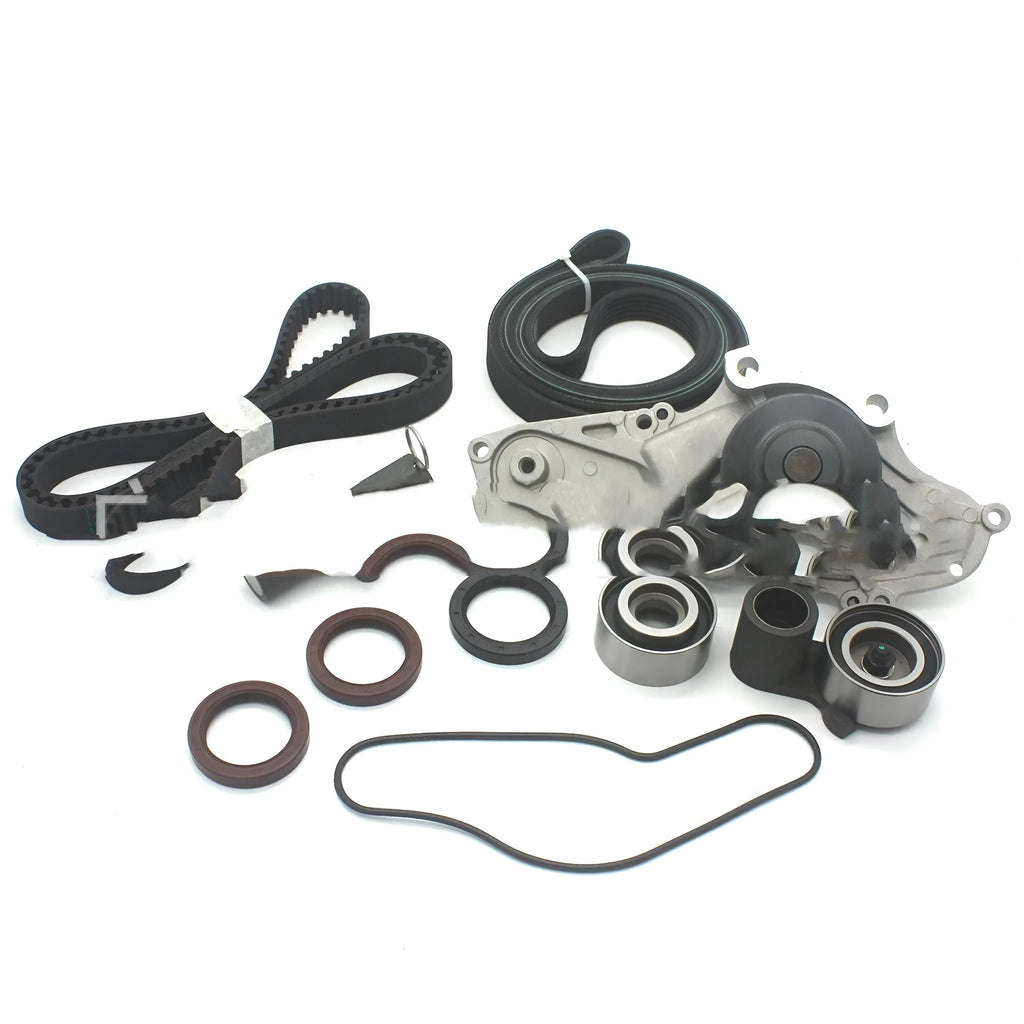 Truck engine belt and water pump replacement assembly kit with metal components