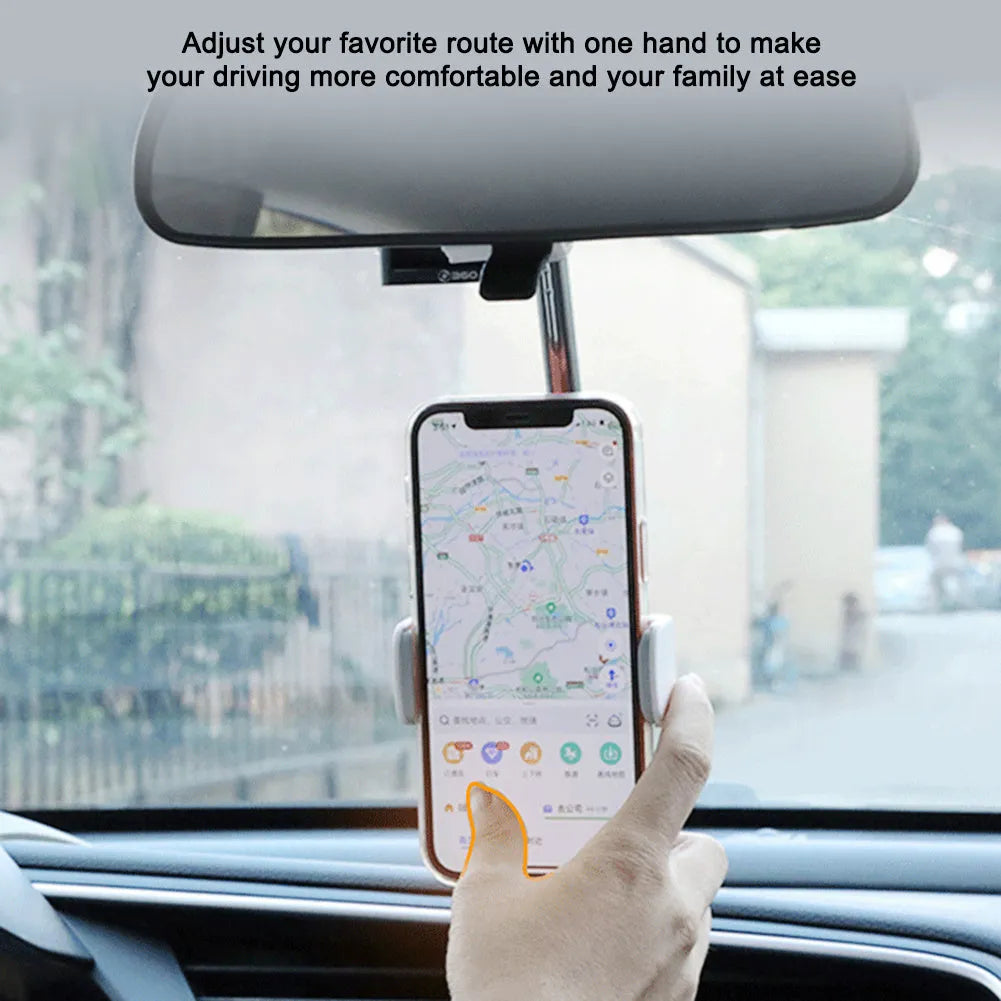 Black ABS car phone holder with 360-degree rotating mechanism mounted on car dashboard