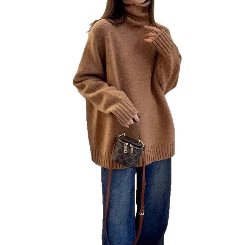 Women's loose fit turtleneck sweater with thick curling pile collar in camel colour