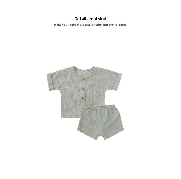 Children's 100% cotton short sleeve and trouser set in beige apricot or light green, sizes 73cm to 110cm