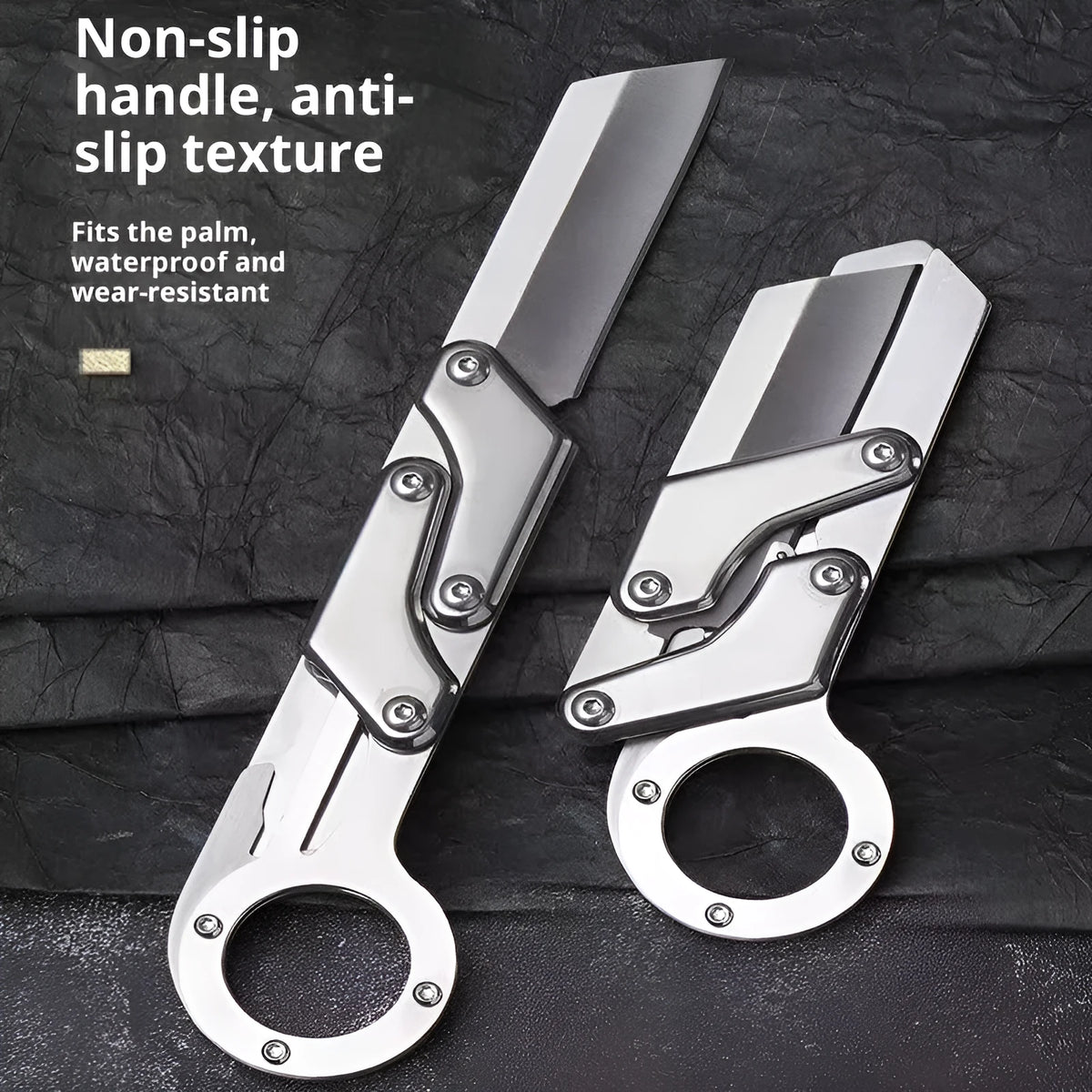 Silver stainless steel folding knife with 5.7cm blade and 67mm handle, mechanical deformation folding design