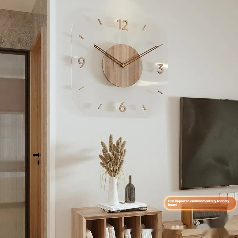 Transparent wooden wall clock with modern silhouette design on wall