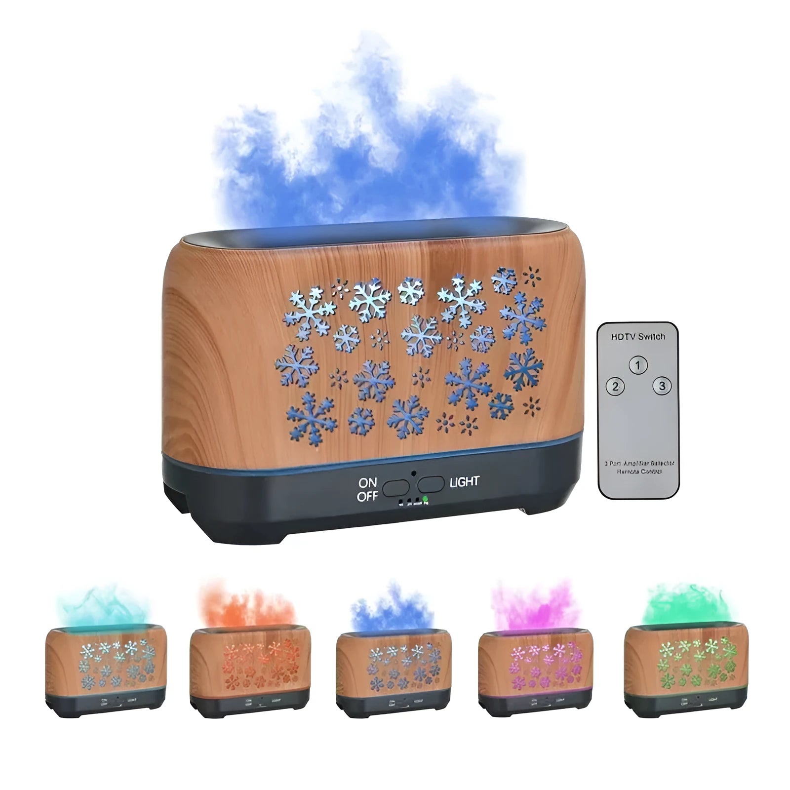 Christmas snowflake pattern humidifier with colourful flame effects and remote control
