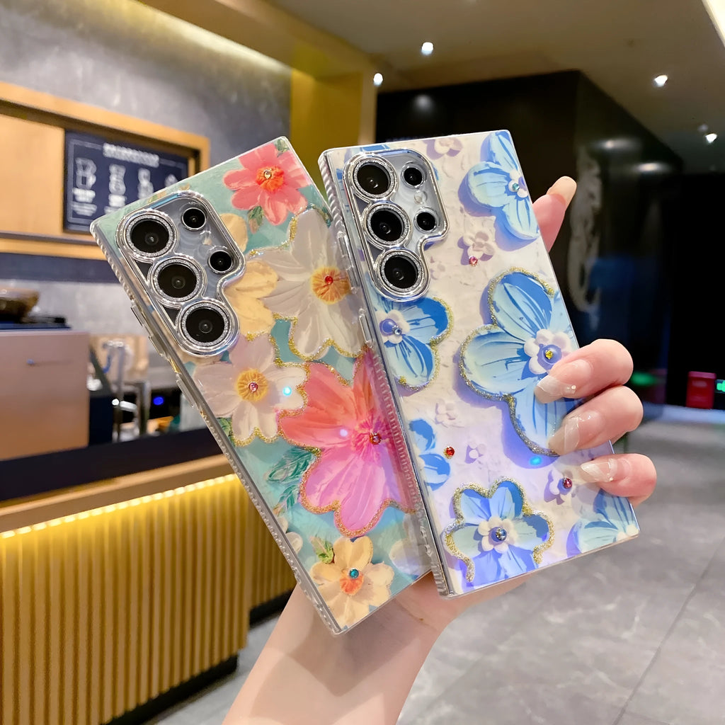 Rhinestone oil painting flower Samsung phone case, TPU acrylic anti-wear back cover with lens fine hole and electroplated finish