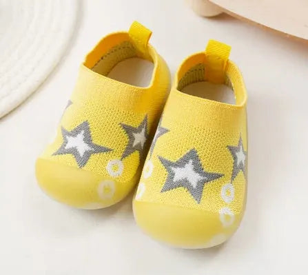 Baby soft sole non-slip walking shoes in fly woven cotton and natural rubber, available in multiple colours and sizes 11.5-15.5cm