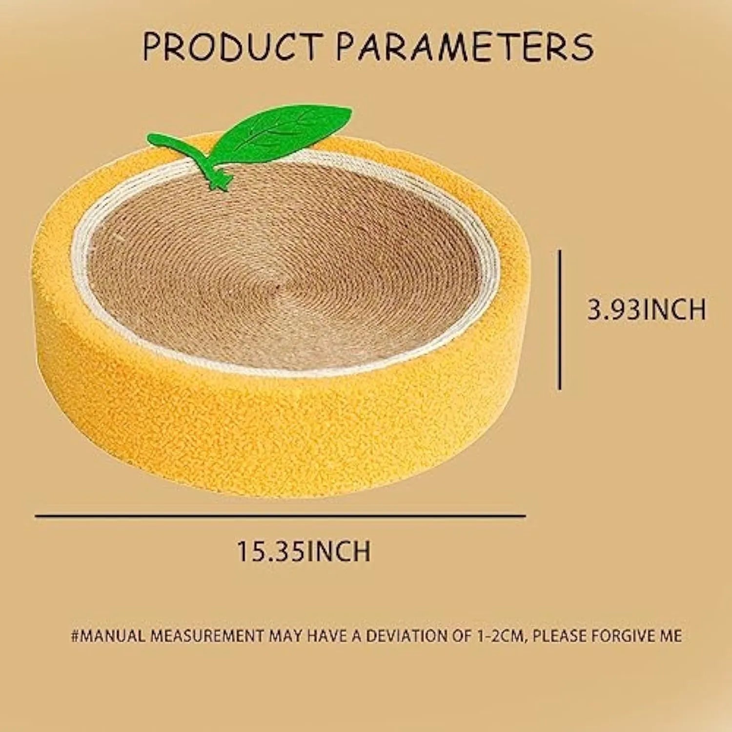 Yellow round sisal cat scratching board with concave centre for small breed cats