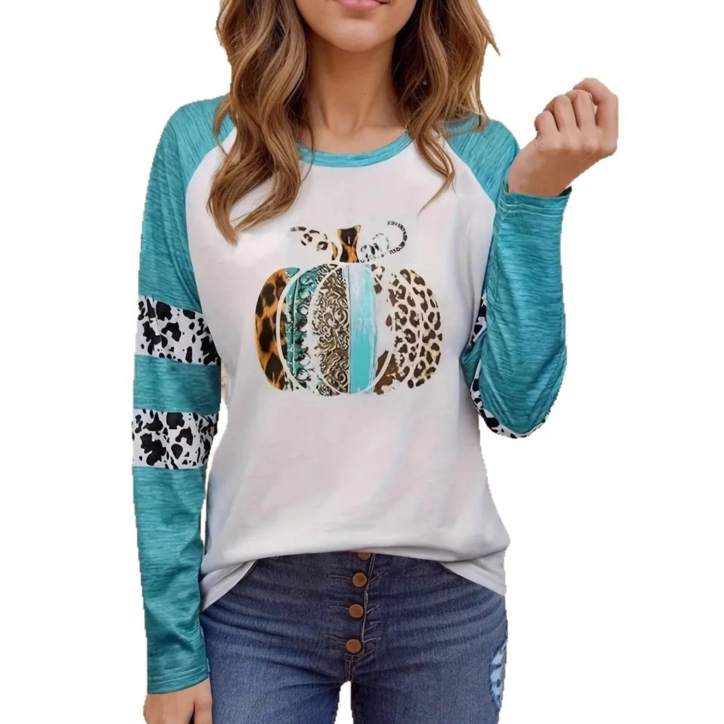 Sky blue Halloween pumpkin 3D digital printed T-shirt with Japanese Korean style and long sleeves