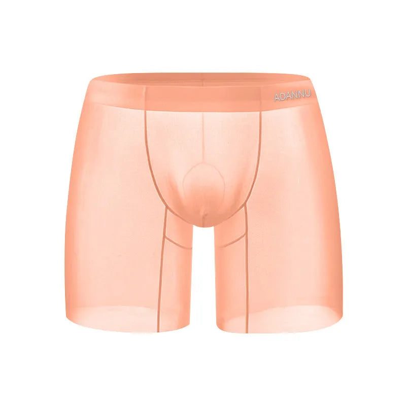 Men's ice silk nylon boxer shorts in orange, pink, or red solid colours showing low waist design