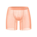 Men's ice silk nylon boxer shorts in orange, pink, or red solid colours showing low waist design