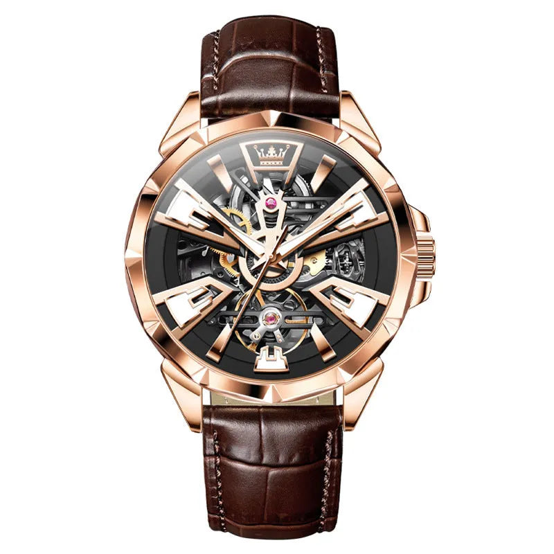 Men's automatic mechanical watch with hollow design, barrel-shaped dial, and genuine leather strap