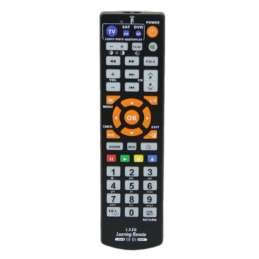 Black L336 full key universal learning remote control on a white background.