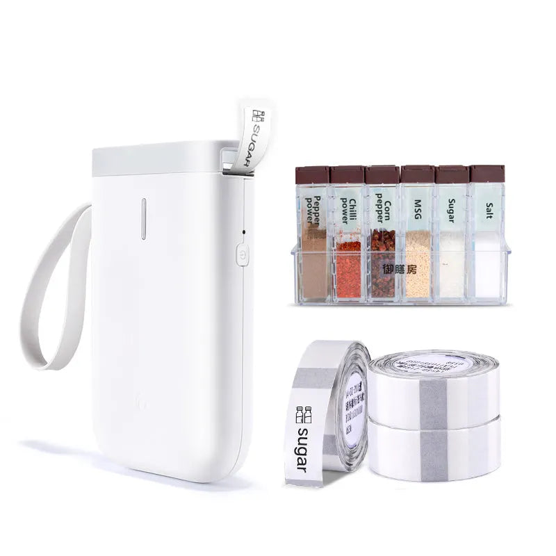 D11 Bluetooth thermal label printer in black, white, pink, or green, shown with smartphone app and printed labels.