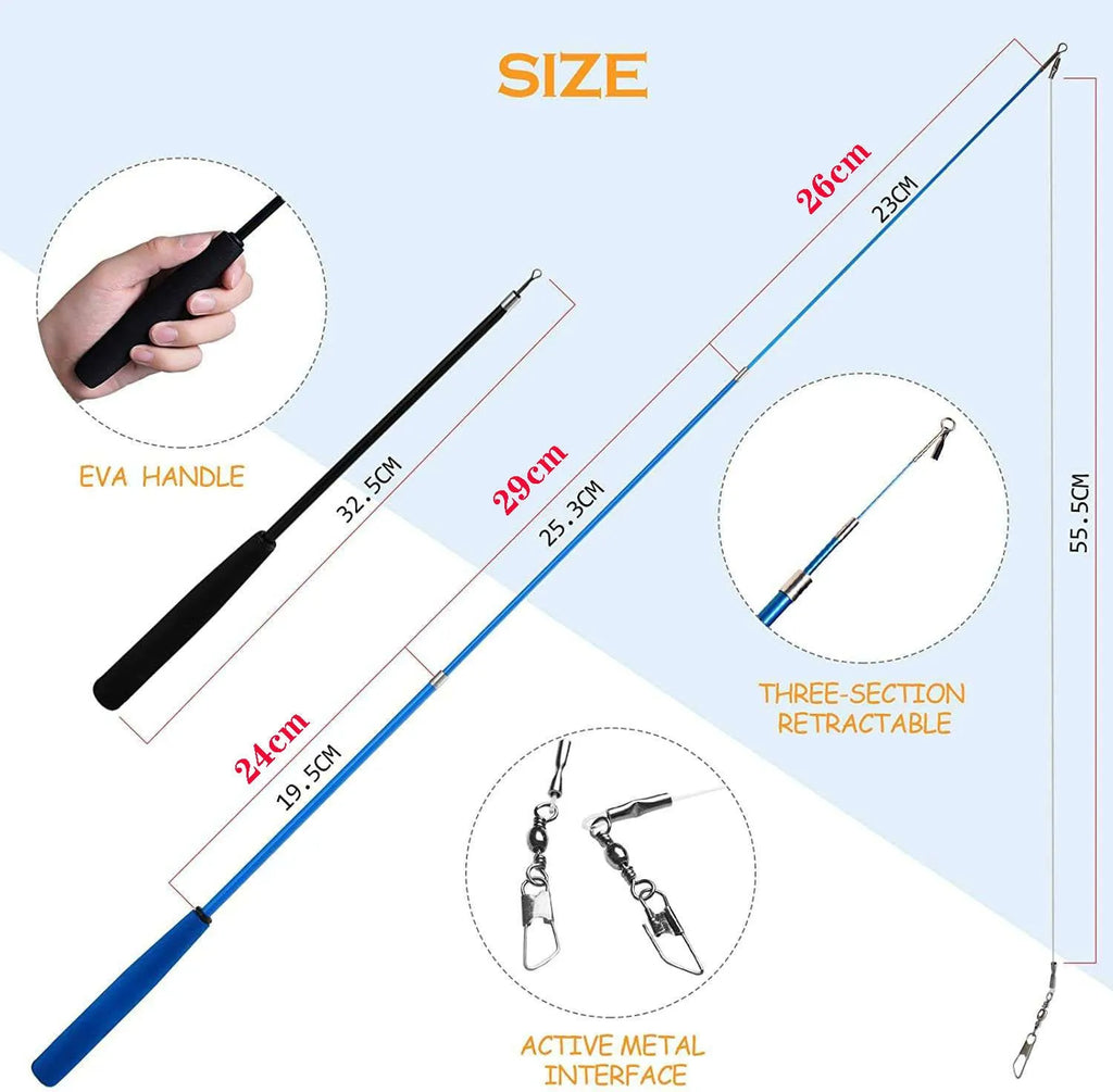 Three-section handheld cat teasing fishing rod toy with feather attachments