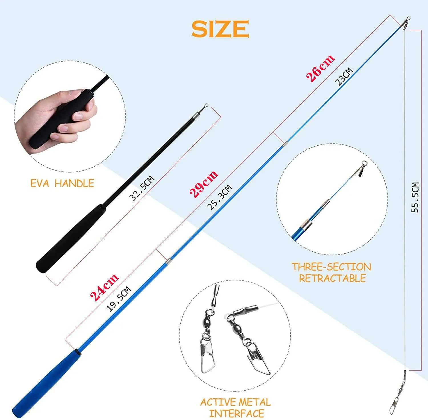 Three-section handheld cat teasing fishing rod toy with feather attachments